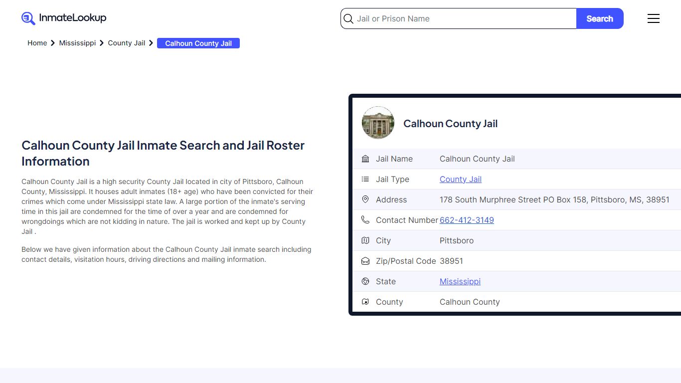 Calhoun County Jail (MS) Inmate Search Mississippi - Inmate Lookup